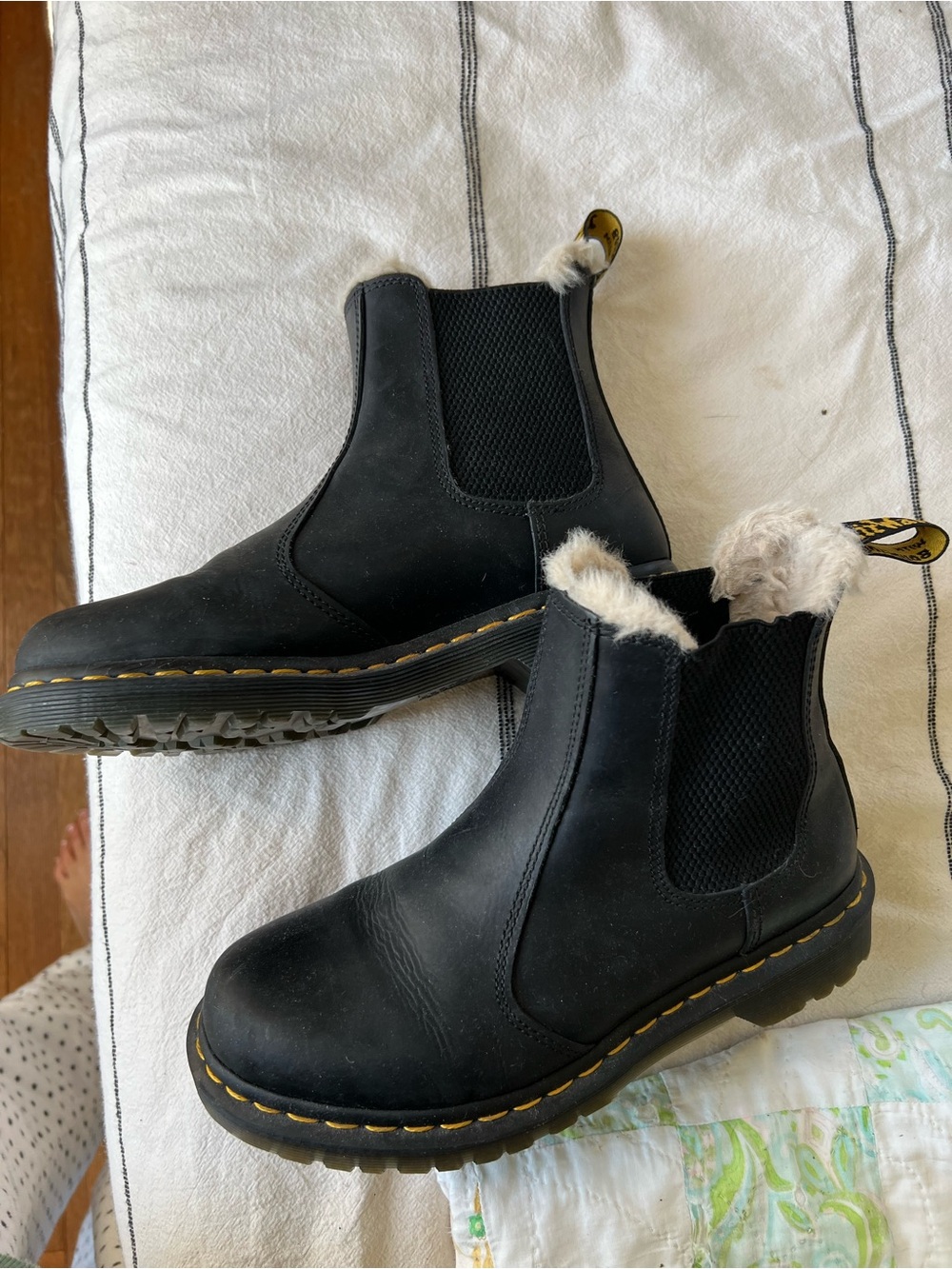 Dr. Martens Black Leather Fleece Chelsea Boots with Yellow Stitching